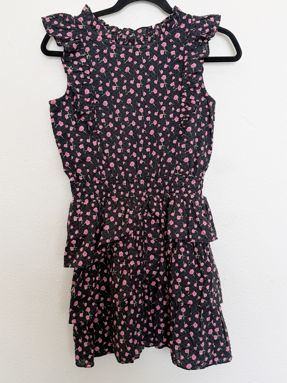 LoveShackFancy Girls Black Pink Floral Ruffle Tiered Dress 14